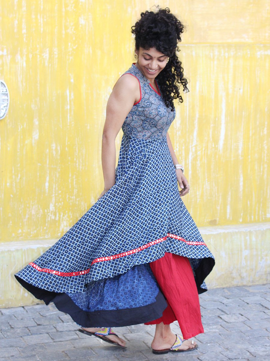 thumbnail interactive-video image 1 of Sambhav Quilt Hub Women's Rayon Anarkali Kurta Set | Ajrakh Printed With Palazzo & Dupatta 1 of 9